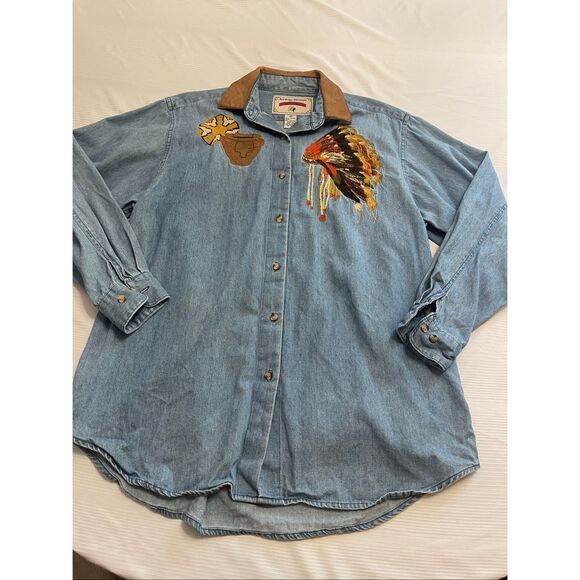 Red Ridge Mountain Outfitters VTG Native American Embroidered Denim Shirt Medium - Picture 2 of 8